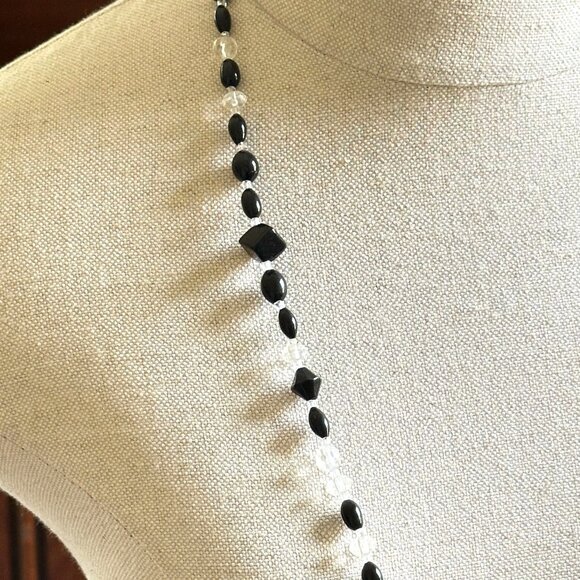 Long 32" Handmade Black & Clear Glass Bead Necklace with Geometric Shapes - Picture 6 of 7